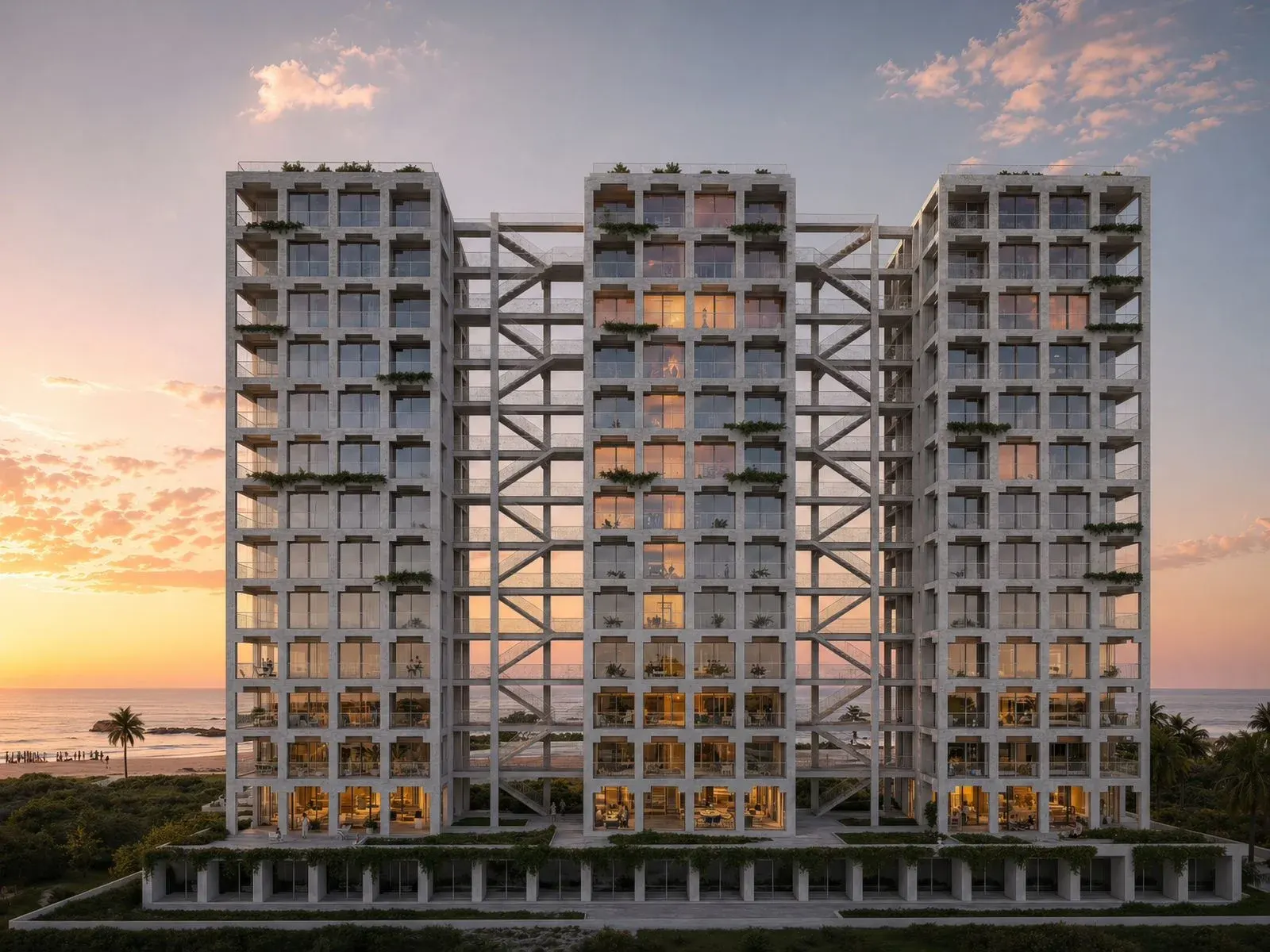 Three Gardens Residence at dusk, by the beach at Qerret on the Durrës Riviera